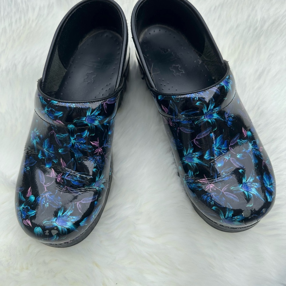 Dansko Black and Blue Floral Clogs